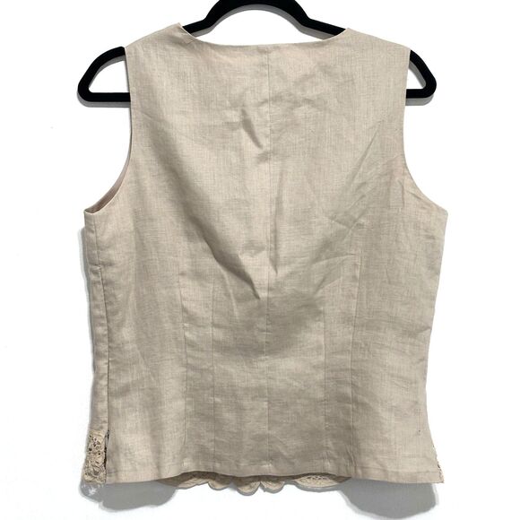 Silkland 100% Linen Sleeveless Top Sz Large Tan Lace Trim Lined V-Neck - Picture 2 of 6